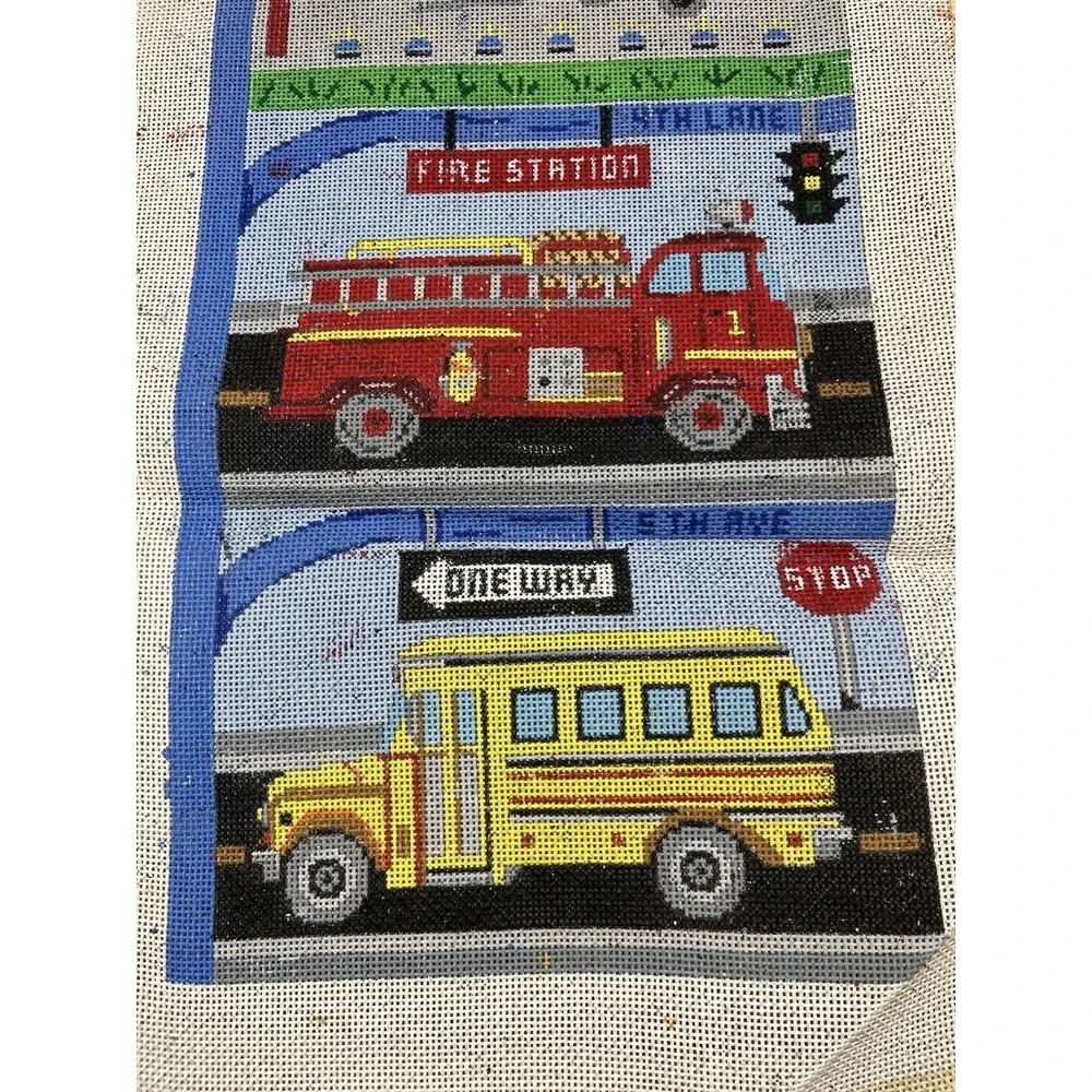 Handpainted Needlepoint Canvas Fire Truck Police Car School Bus Train Airplane